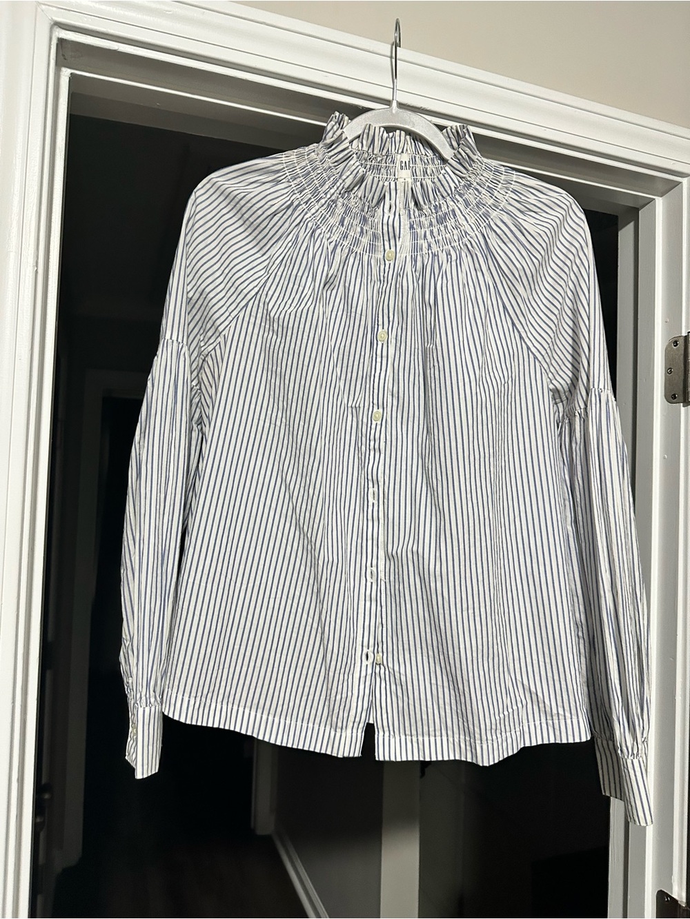 GAP White and Navy Striped Smocked-Neck Button-Up Top